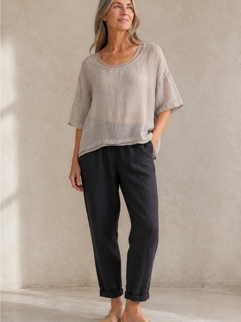 Pure Jill J Jill 100% Linen Gauze Top M Boxy Slouchy Scoop Neck Sand Taupe
